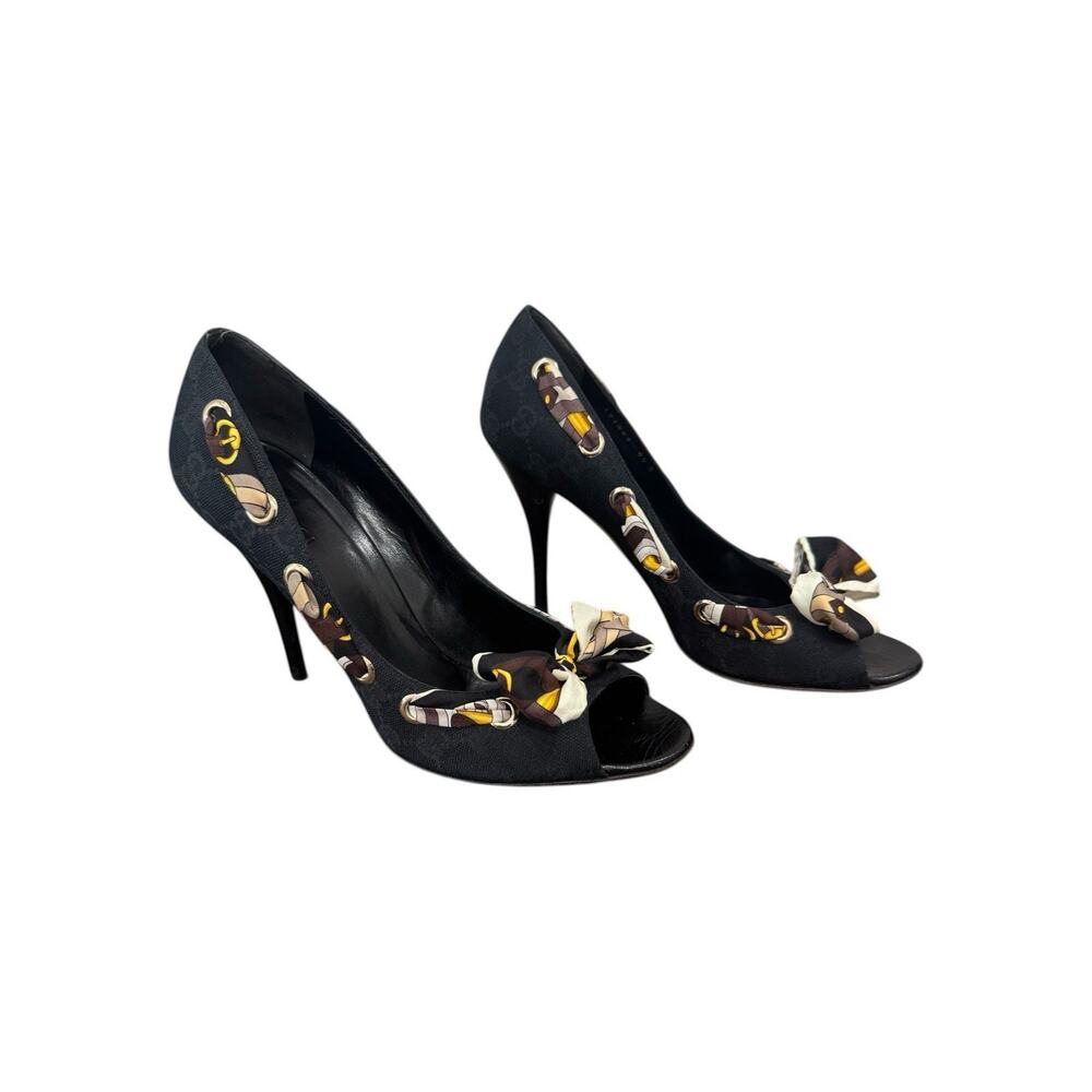 Gucci Guccissima Scarf Bow Heels Black Open Toe Pumps Ribbon Size 9.5 Luxury - Picture 2 of 14